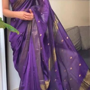 AXONIT Women's Premium Cotton Saree with Golden Zari Butti Weaving with Golden Zari Border with Unstitched Blouse Piece - Plum
