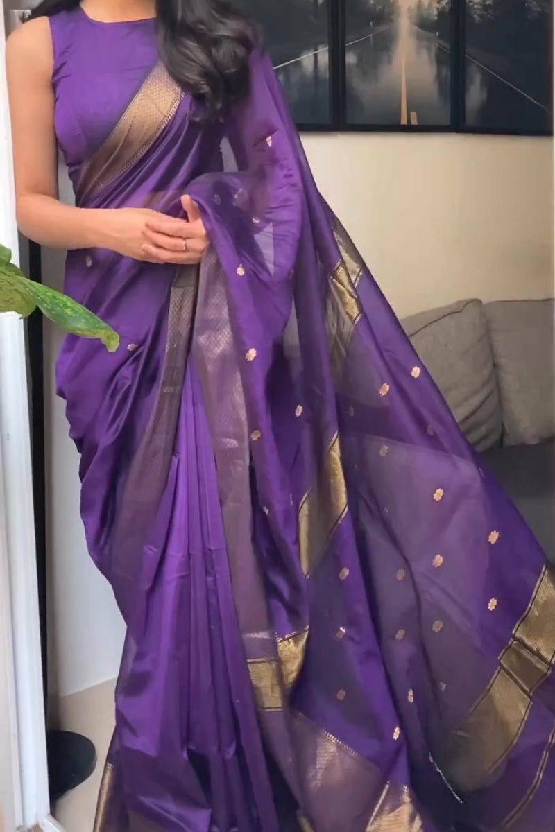 AXONIT Women's Premium Cotton Saree with Golden Zari Butti Weaving with Golden Zari Border with Unstitched Blouse Piece - Plum