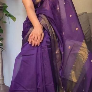 AXONIT Women's Premium Cotton Saree with Golden Zari Butti Weaving with Golden Zari Border with Unstitched Blouse Piece - Plum