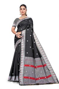AXONIT Women's Premium Cotton Saree with Silver Zari Butti Weaving with Contrast Red Border with Unstitched Blouse Piece - Black