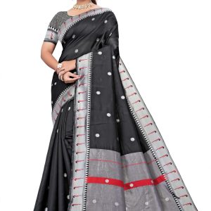 AXONIT Women’s Premium Cotton Saree with Silver Zari Butti Weaving with Contrast Red Border with Unstitched Blouse Piece – Black
