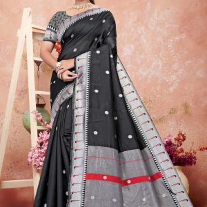 AXONIT Women's Premium Cotton Saree with Silver Zari Butti Weaving with Contrast Red Border with Unstitched Blouse Piece - Black