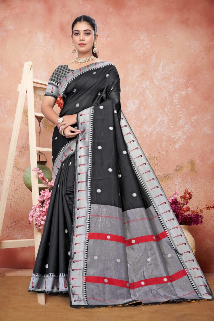 AXONIT Women's Premium Cotton Saree with Silver Zari Butti Weaving with Contrast Red Border with Unstitched Blouse Piece - Black