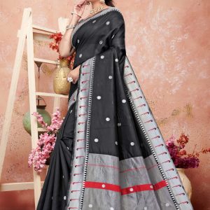 AXONIT Women's Premium Cotton Saree with Silver Zari Butti Weaving with Contrast Red Border with Unstitched Blouse Piece - Black