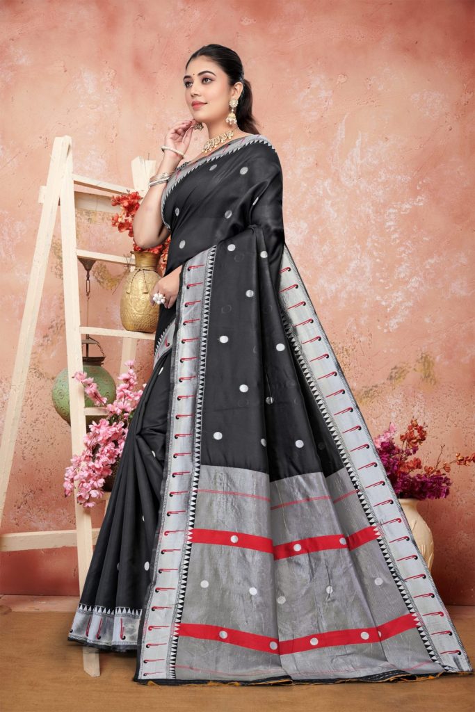 AXONIT Women's Premium Cotton Saree with Silver Zari Butti Weaving with Contrast Red Border with Unstitched Blouse Piece - Black