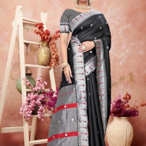 AXONIT Women's Premium Cotton Saree with Silver Zari Butti Weaving with Contrast Red Border with Unstitched Blouse Piece - Black