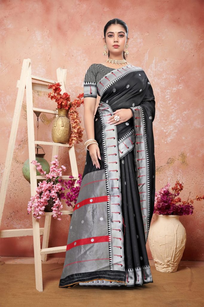 AXONIT Women's Premium Cotton Saree with Silver Zari Butti Weaving with Contrast Red Border with Unstitched Blouse Piece - Black