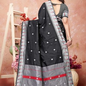 AXONIT Women's Premium Cotton Saree with Silver Zari Butti Weaving with Contrast Red Border with Unstitched Blouse Piece - Black