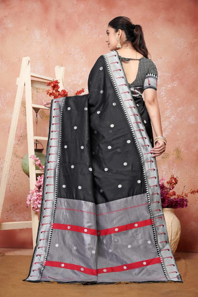 AXONIT Women's Premium Cotton Saree with Silver Zari Butti Weaving with Contrast Red Border with Unstitched Blouse Piece - Black