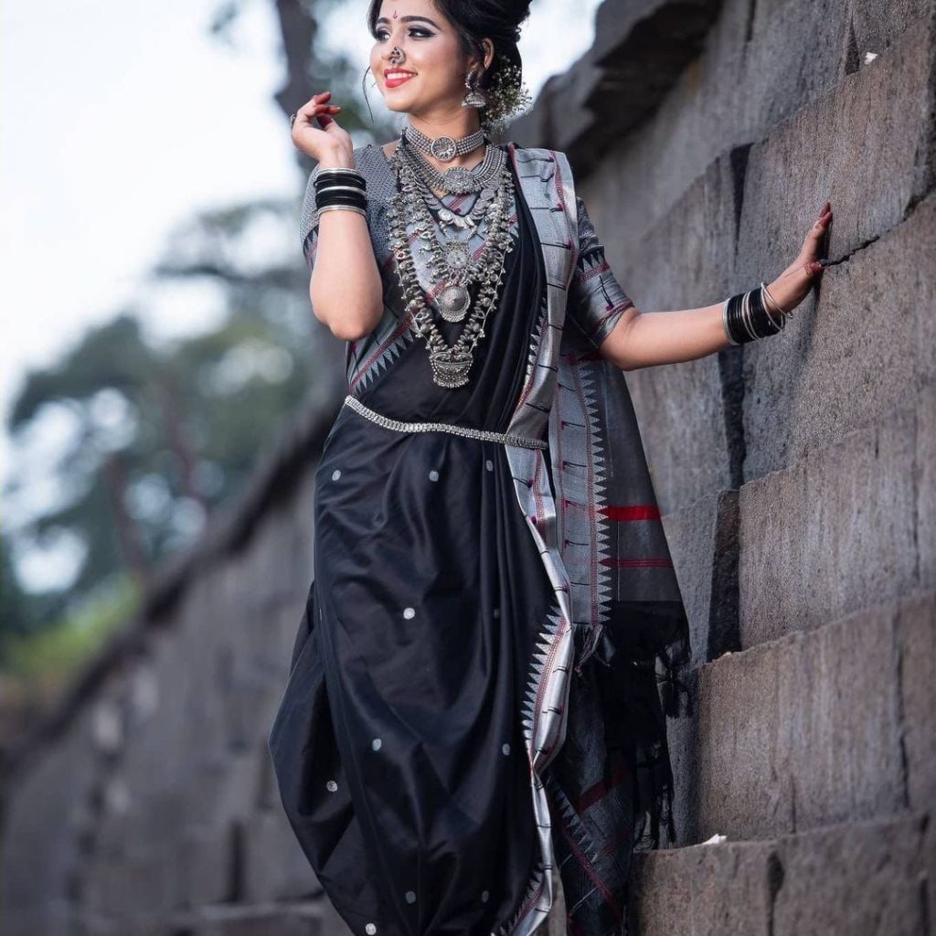 AXONIT Women's Premium Cotton Saree with Silver Zari Butti Weaving with Contrast Red Border with Unstitched Blouse Piece - Black