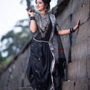 AXONIT Women's Premium Cotton Saree with Silver Zari Butti Weaving with Contrast Red Border with Unstitched Blouse Piece - Black