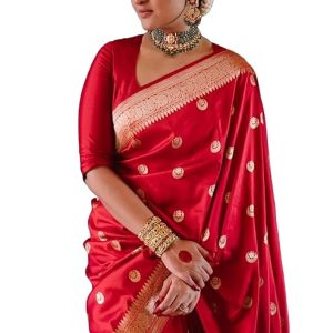 AXONIT Women's Premium Soft Silk Saree with Golden Zari Weaving with Butti Motifs & Zari Floral Pattern Border with Unstitched Blouse Piece - Red