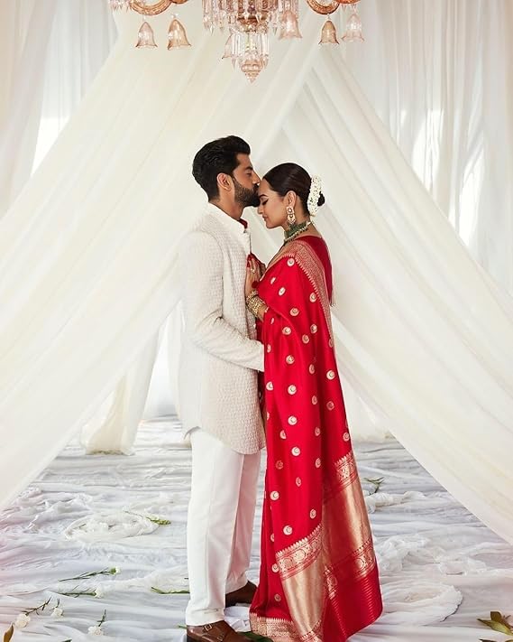AXONIT Women's Premium Soft Silk Saree with Golden Zari Weaving with Butti Motifs & Zari Floral Pattern Border with Unstitched Blouse Piece - Red