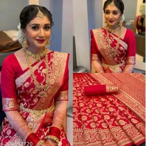 AXONIT Women's Premium Soft Silk Saree with Full Golden Zari Floral Weaving & Zari Border with Unstitched Blouse Piece - Red