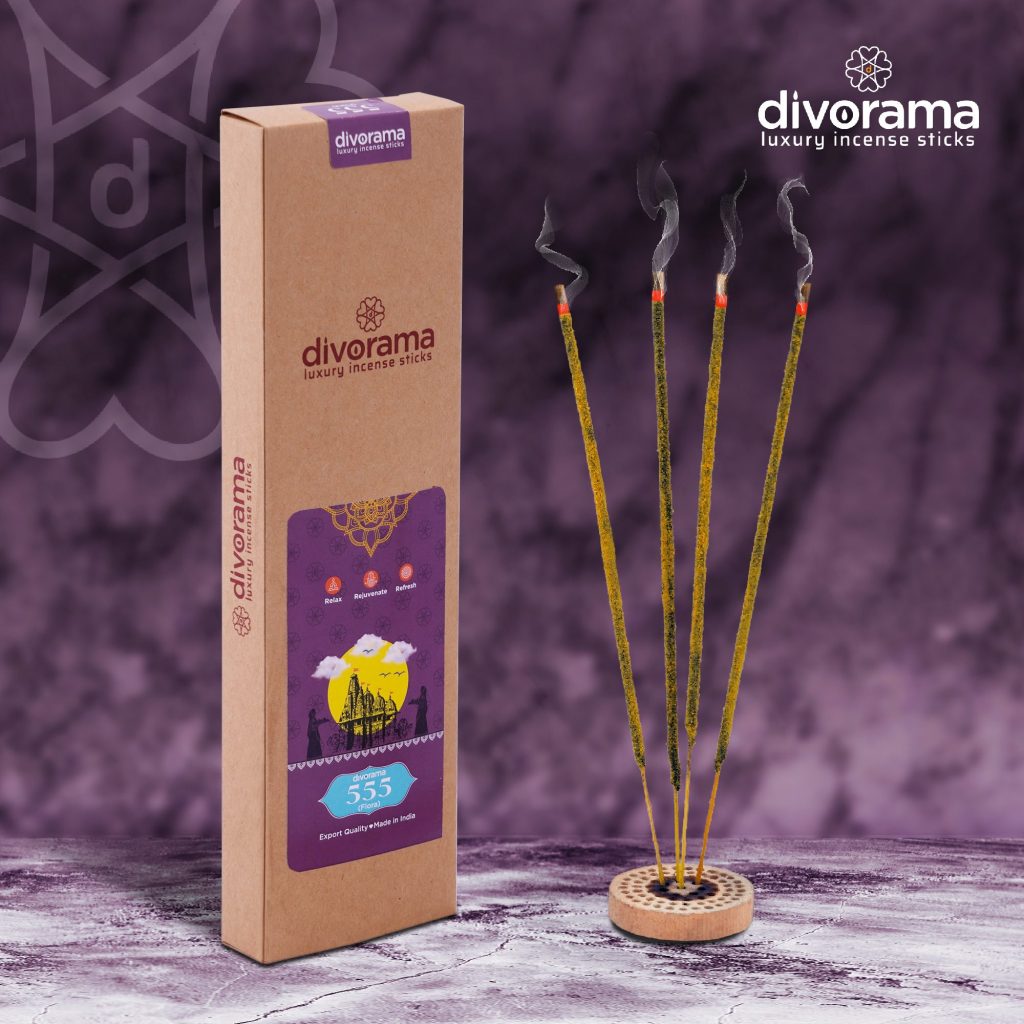 DivoRama Premium 555 Flora Incense Masala Agarbatti - 100% Natural Indian Aroma - Long Lasting 555 Flora Agarbattis for Puja, Meditation, Happy Vibes - 45 Sticks