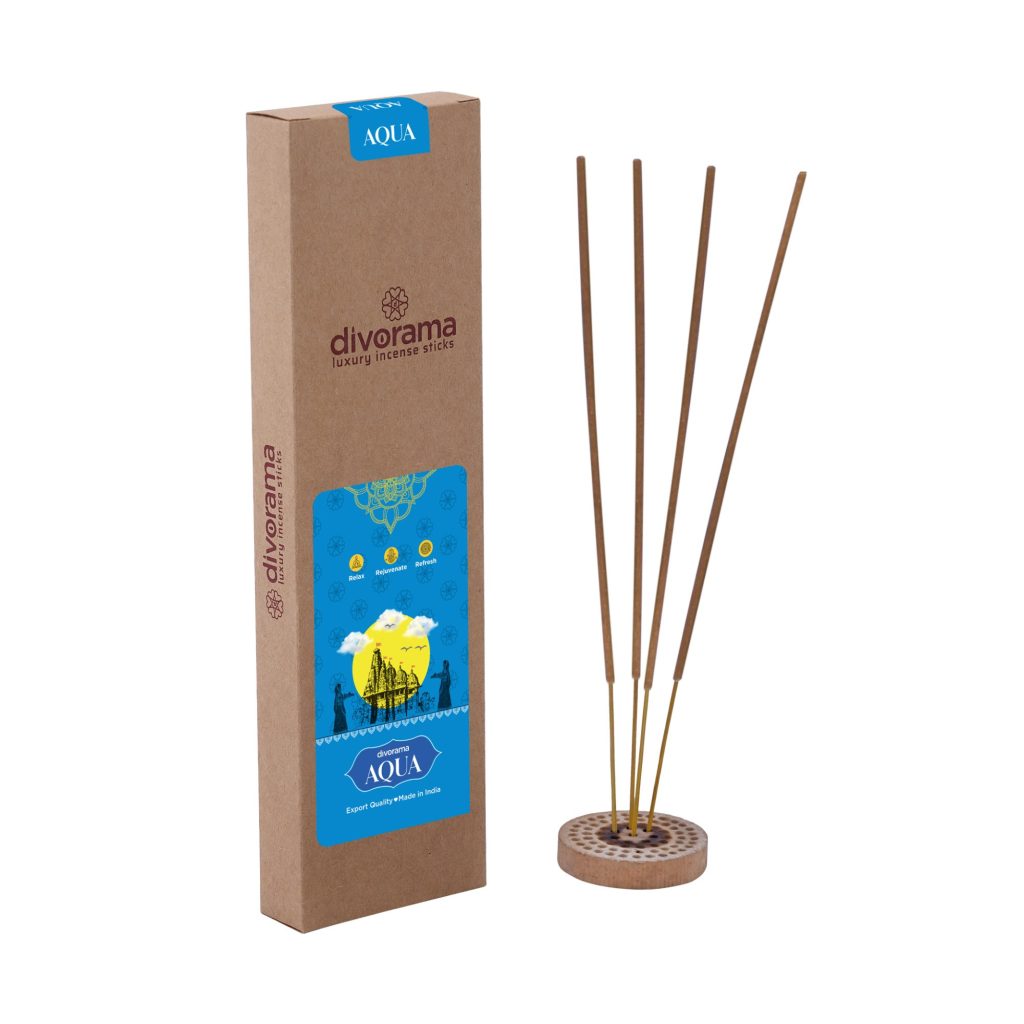 DivoRama Luxury Aqua Incense Sticks Agarbatti - 100% Indian Natural Aroma - Long Lasting Aqua Agarbattis for Puja, Meditation, Happy Vibes - 60 Sticks