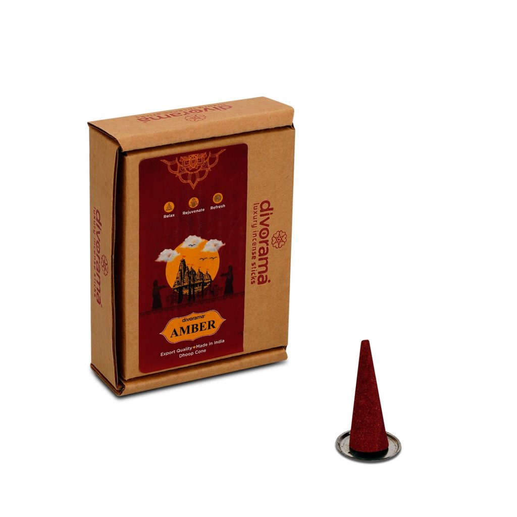 DivoRama Premium Amber Dhoop Cones/Amber Dhup Cone - Long Lasting Delicious Scent for Home Fragrance/Meditation/Dhoop for Pooja n Happy Vibes with Free Burner Plate- Pack of 100Gm