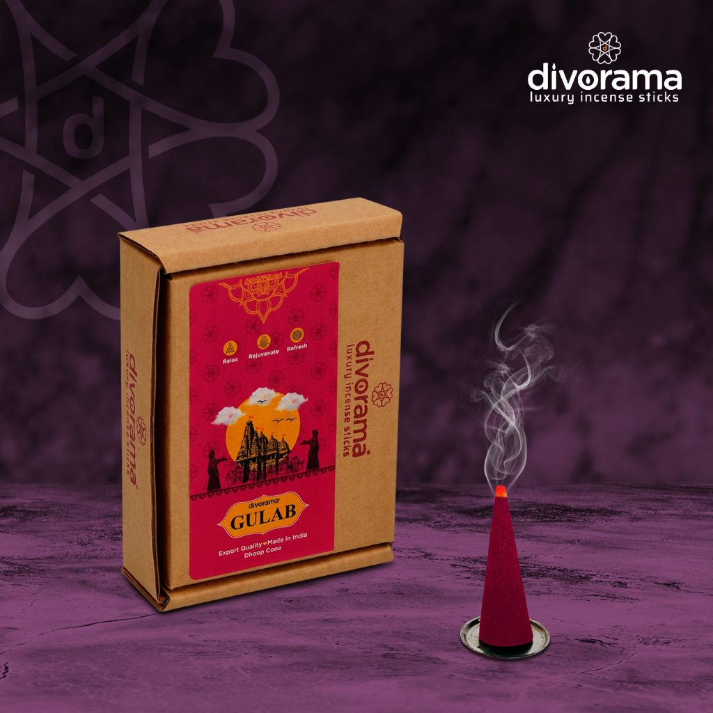 DivoRama Premium Rose Dhoop Cones/Gulab Dhup Cone - Long Lasting Romantic Scent for Home Fragrance/Meditation/Dhoop for Pooja n Happy Vibes with Free Burner Plate- Pack of 100Gm