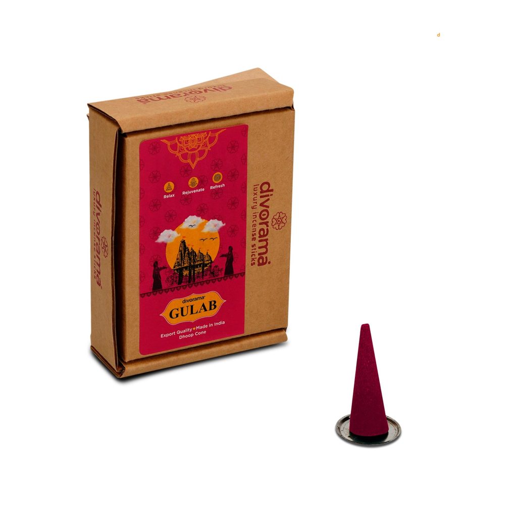 DivoRama Premium Rose Dhoop Cones/Gulab Dhup Cone - Long Lasting Romantic Scent for Home Fragrance/Meditation/Dhoop for Pooja n Happy Vibes with Free Burner Plate- Pack of 100Gm