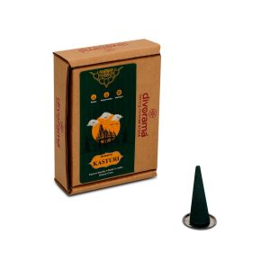 DivoRama Premium Kasturi Dhoop Cones/Musk Dhup Cone - Long Lasting Musky Scent for Home Fragrance/Meditation/Dhoop for Pooja n Happy Vibes with Free Burner Plate- Pack of 100Gm