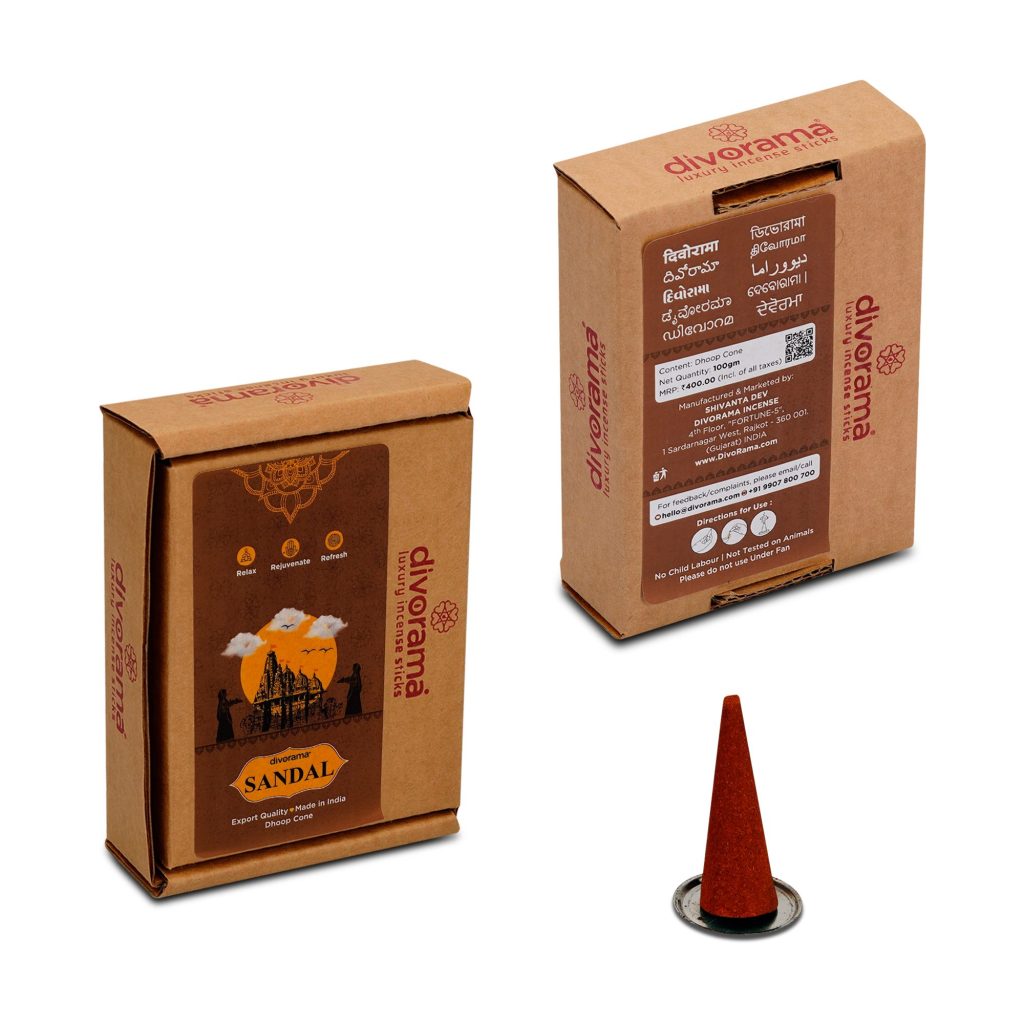 DivoRama Premium Sandalwood Dhoop Cones/Chandan Dhup Cone - Long Lasting Woody Scent for Home Fragrance/Meditation/Dhoop for Pooja n Happy Vibes with Free Burner Plate- Pack of 100Gm