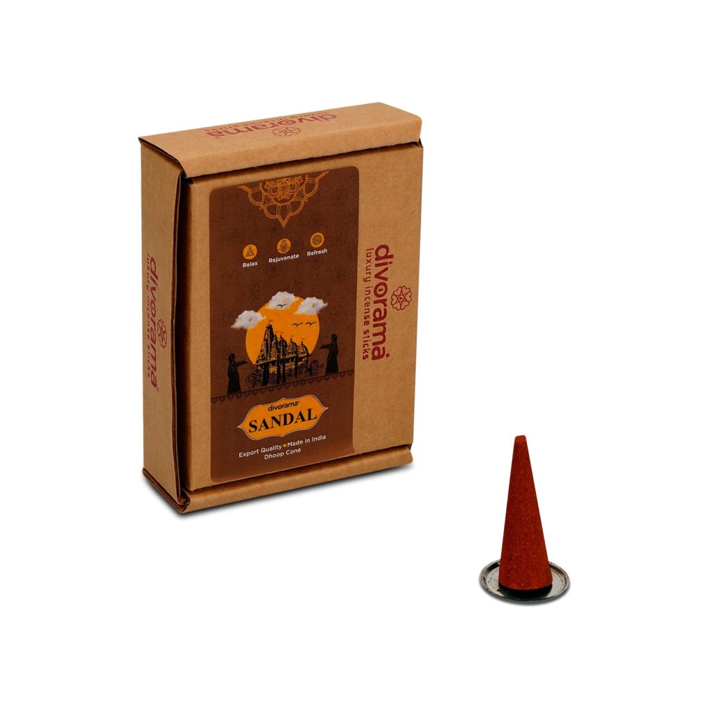 DivoRama Premium Sandalwood Dhoop Cones/Chandan Dhup Cone - Long Lasting Woody Scent for Home Fragrance/Meditation/Dhoop for Pooja n Happy Vibes with Free Burner Plate- Pack of 100Gm