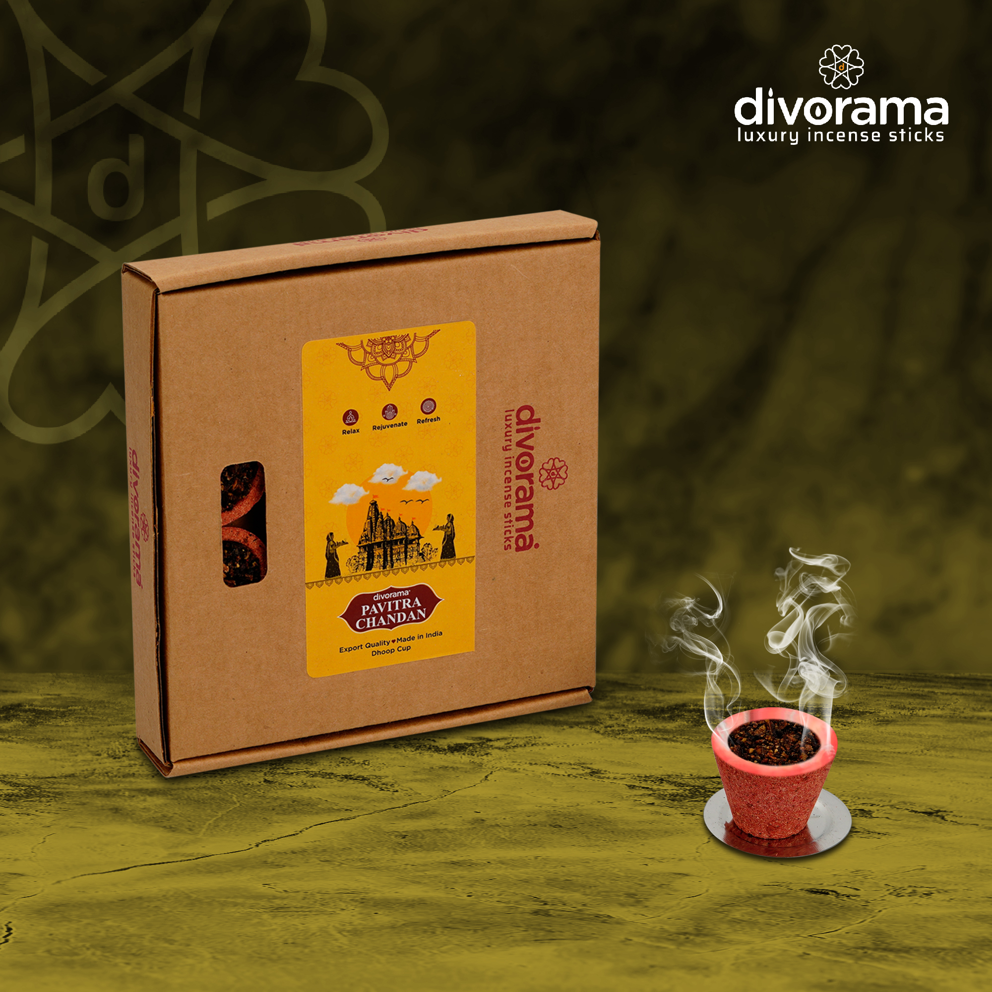 DivoRama Premium Pavitra Chandan/Sandal | Sambrani Havan/Dhoop Cups | Pooja & Festivals | Natural | 6 Cups
