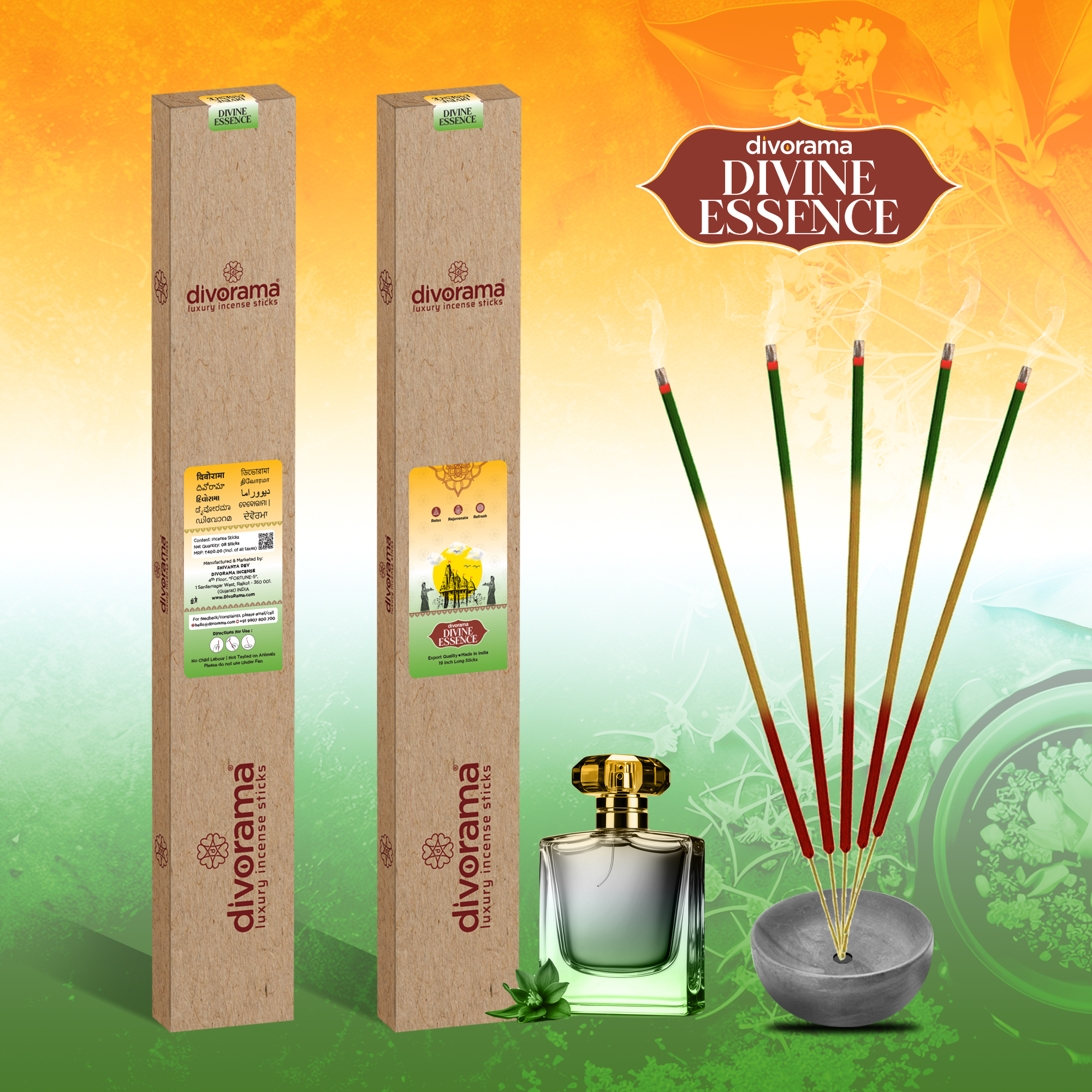 DivoRama Premium Divine Essence Incense Sticks - Deep Sweet Perfume & Belpatra Fragrance-19" long-lasting Aroma Agarbatti to fill every corner with a Spiritual Vibe this Festive Season - 8 Sticks/Pack