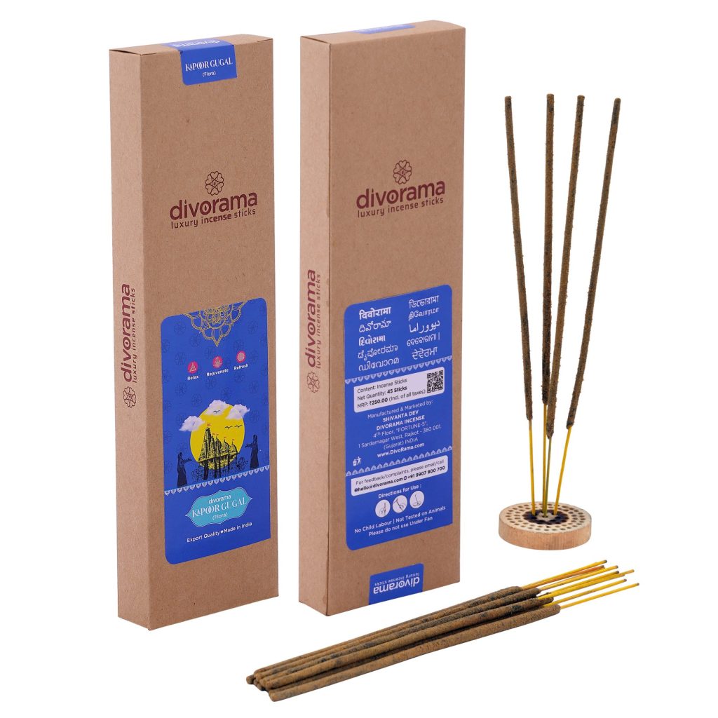 DivoRama Premium Kapoor & Gugal Flora Incense Masala Agarbatti - 100% Natural Indian Aroma - Long Lasting Kapoor & Gugal Agarbattis for Puja, Meditation, Happy Vibes - 45 Sticks