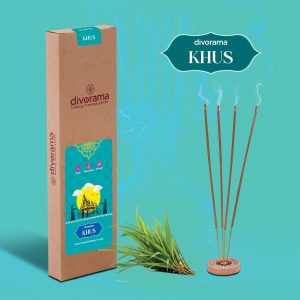 DivoRama Luxury Vetiver Incense Sticks Agarbatti - 100% Indian Natural Aroma - Long Lasting KhusKhus Agarbattis for Puja, Meditation, Happy Vibes - 60 Sticks