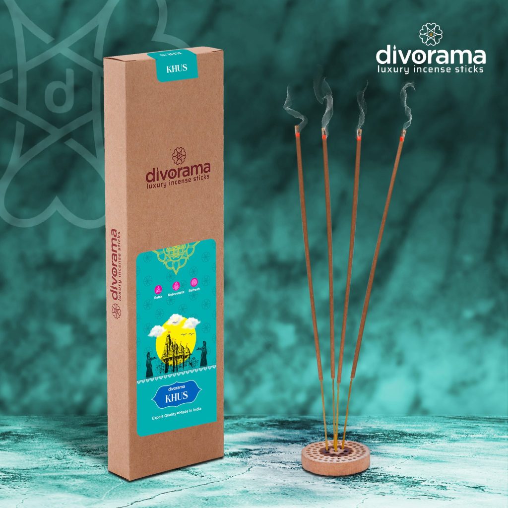 DivoRama Luxury Vetiver Incense Sticks Agarbatti - 100% Indian Natural Aroma - Long Lasting KhusKhus Agarbattis for Puja, Meditation, Happy Vibes - 60 Sticks