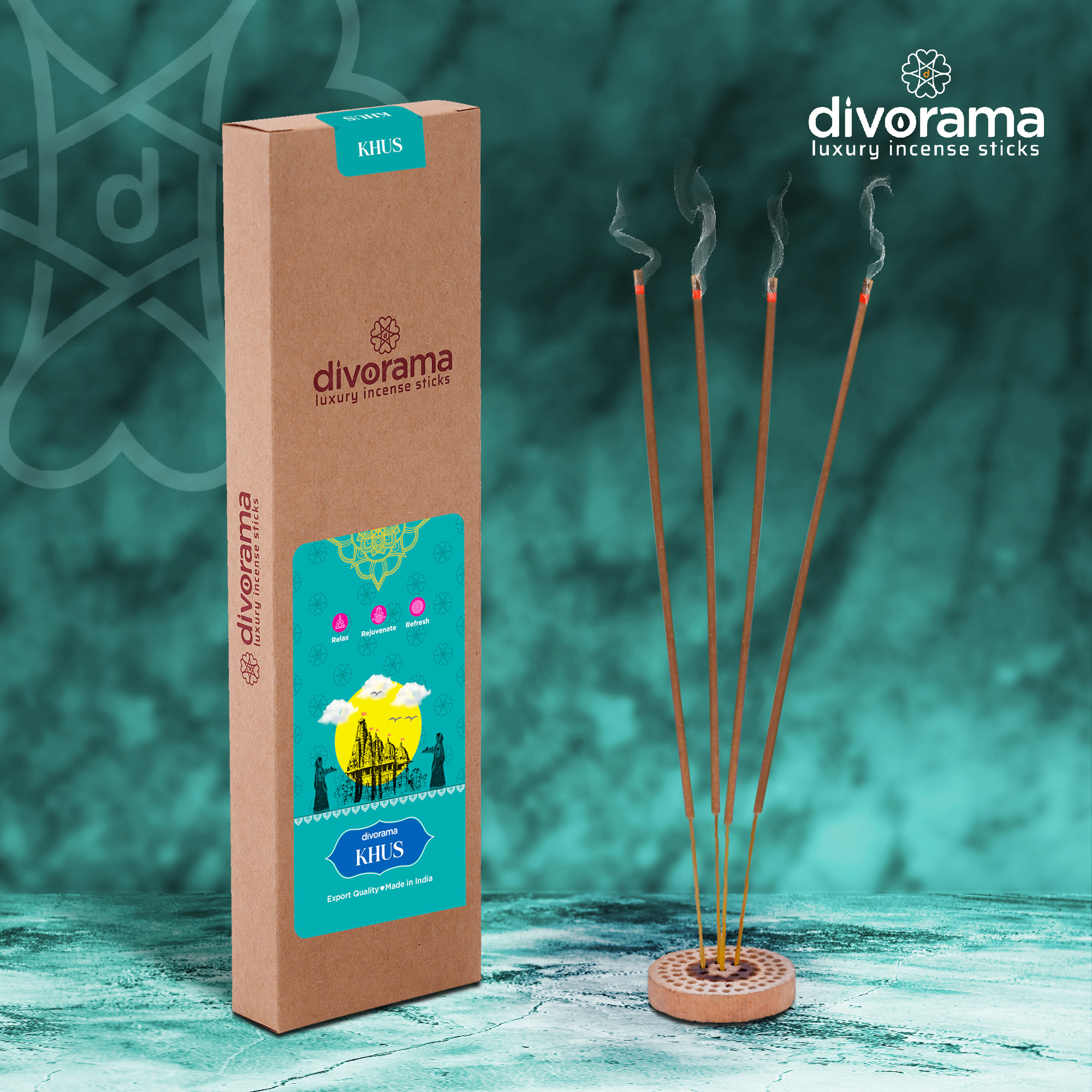 DivoRama Luxury Vetiver Incense Sticks Agarbatti - 100% Indian Natural Aroma - Long Lasting KhusKhus Agarbattis for Puja, Meditation, Happy Vibes - 60 Sticks
