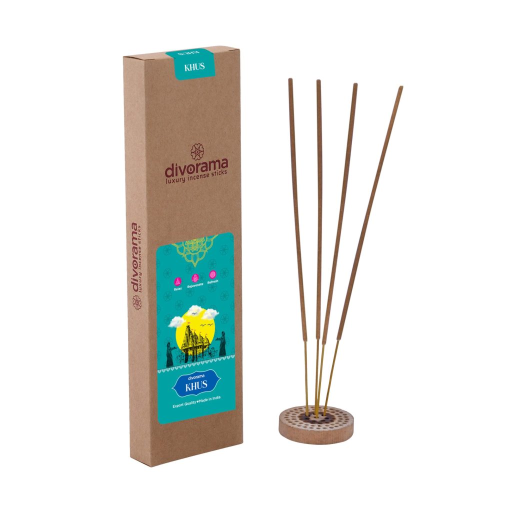 DivoRama Luxury Vetiver Incense Sticks Agarbatti - 100% Indian Natural Aroma - Long Lasting KhusKhus Agarbattis for Puja, Meditation, Happy Vibes - 60 Sticks