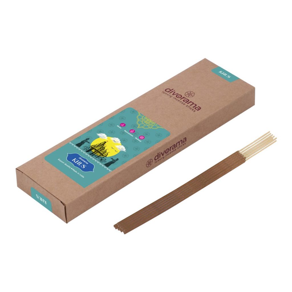 DivoRama Luxury Vetiver Incense Sticks Agarbatti - 100% Indian Natural Aroma - Long Lasting KhusKhus Agarbattis for Puja, Meditation, Happy Vibes - 60 Sticks