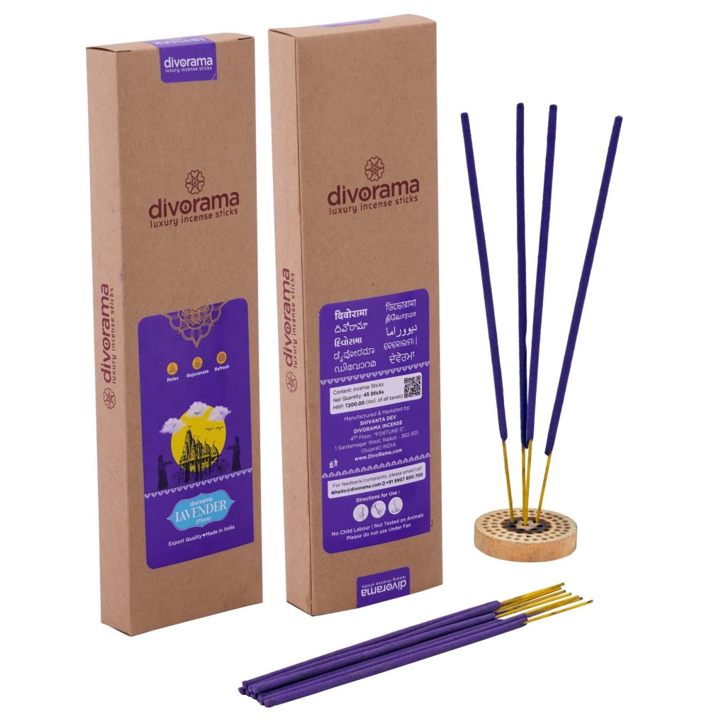 DivoRama Premium Lavender Flora Incense Masala Agarbatti -100% Indian Natural Aroma - Long Lasting Lavender Agarbattis for Puja, Meditation, Happy Vibes - 45 Sticks