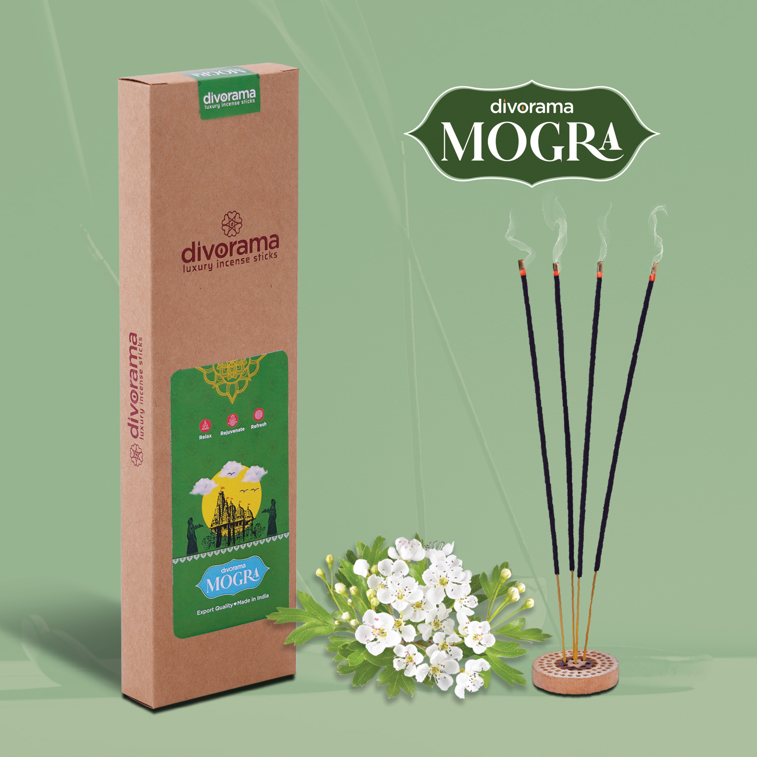 DivoRama Luxury Jasmine Incense Sticks Agarbatti - 100% Indian Natural Aroma - Long Lasting Mogra Agarbattis for Puja, Meditation, Happy Vibes - 60 Sticks