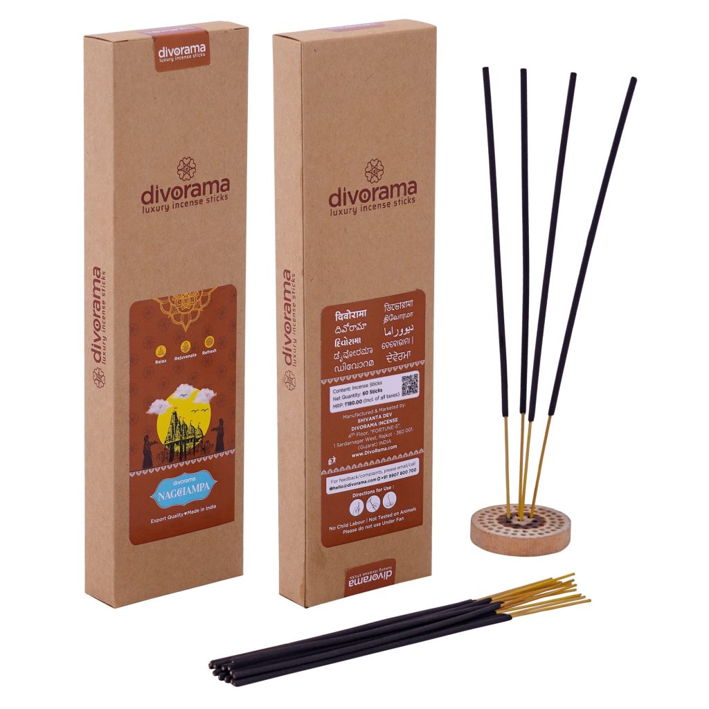 DivoRama Luxury Nagchampa Incense Sticks Agarbatti - 100% Indian Natural Aroma - Long Lasting Nagchampa Agarbattis for Puja, Meditation, Happy Vibes - 60 Sticks