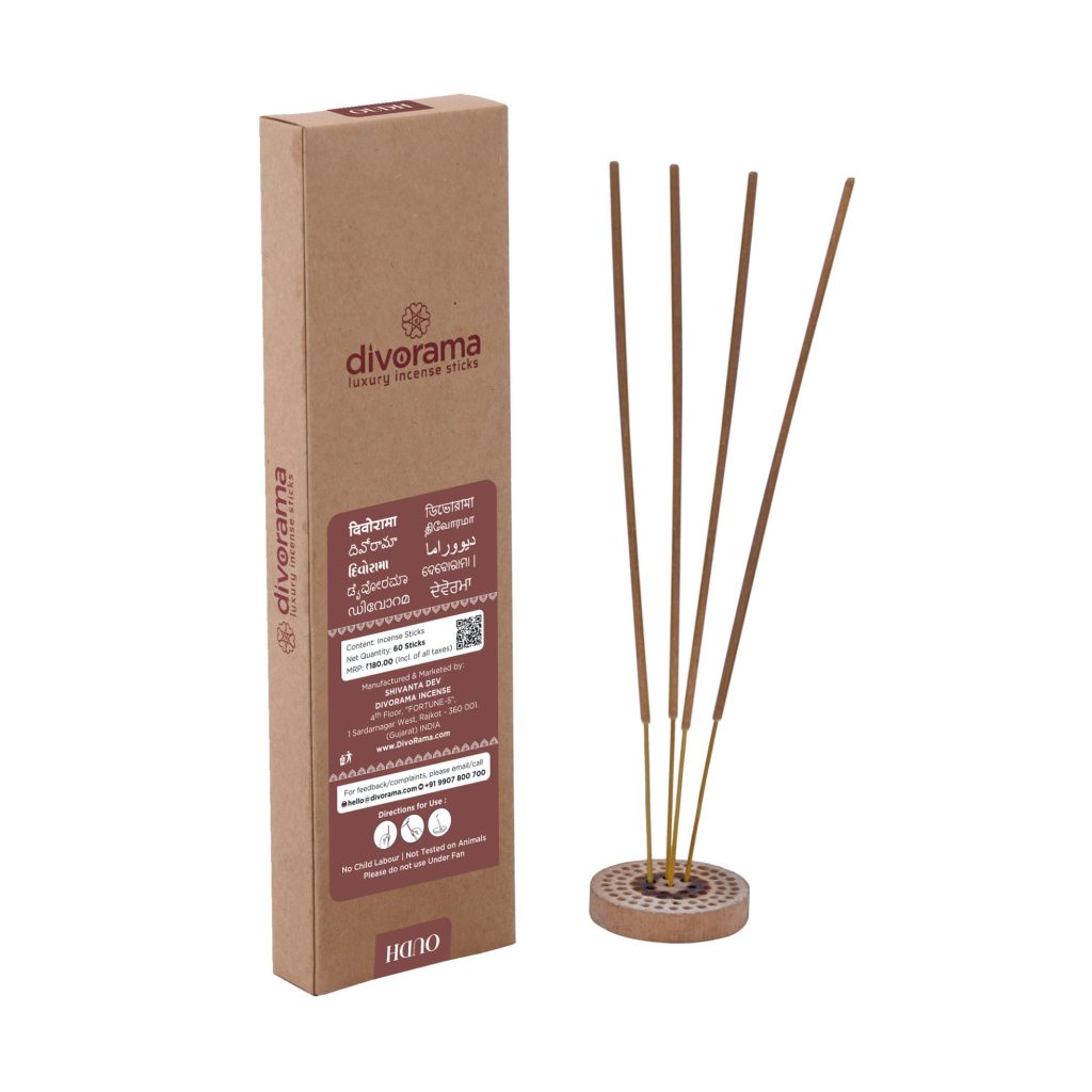 DivoRama Luxury Oudh Incense Sticks Agarbatti - 100% Indian Natural Aroma - Long Lasting Oudh Agarbattis for Puja, Meditation, Happy Vibes - 60 Sticks
