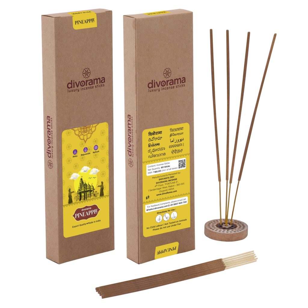 DivoRama Luxury Pineapple Incense Sticks Agarbatti - 100% Indian Natural Aroma - Long Lasting Pineapple Agarbattis for Puja, Meditation, Happy Vibes - 60 Sticks