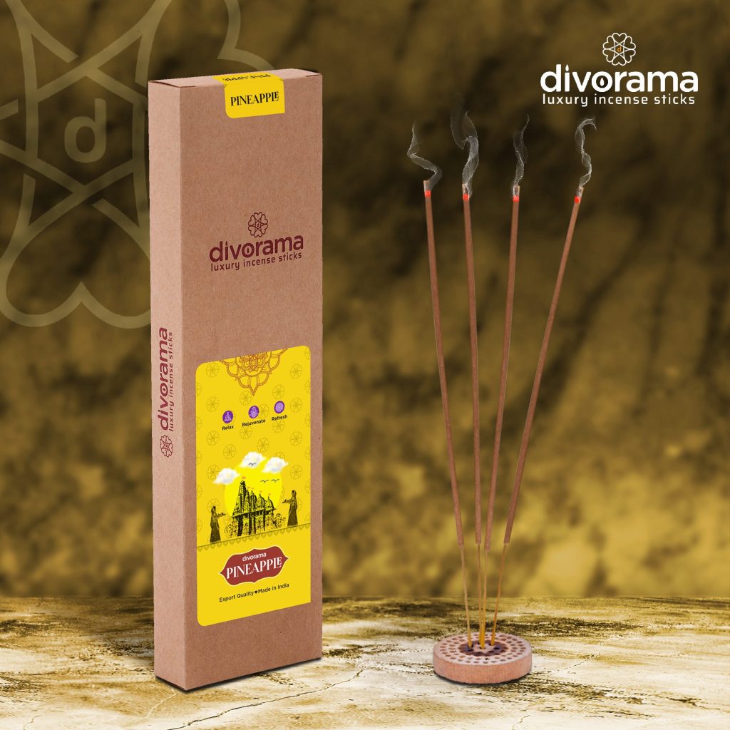 DivoRama Luxury Pineapple Incense Sticks Agarbatti - 100% Indian Natural Aroma - Long Lasting Pineapple Agarbattis for Puja, Meditation, Happy Vibes - 60 Sticks