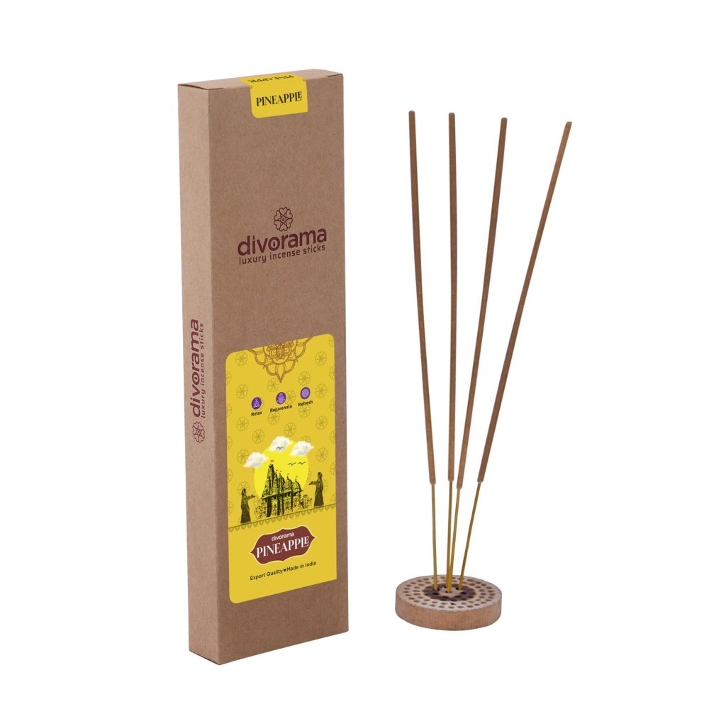 DivoRama Luxury Pineapple Incense Sticks Agarbatti - 100% Indian Natural Aroma - Long Lasting Pineapple Agarbattis for Puja, Meditation, Happy Vibes - 60 Sticks