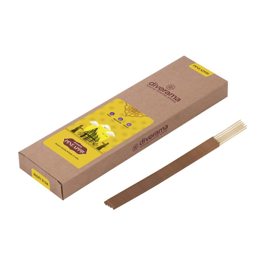 DivoRama Luxury Pineapple Incense Sticks Agarbatti - 100% Indian Natural Aroma - Long Lasting Pineapple Agarbattis for Puja, Meditation, Happy Vibes - 60 Sticks
