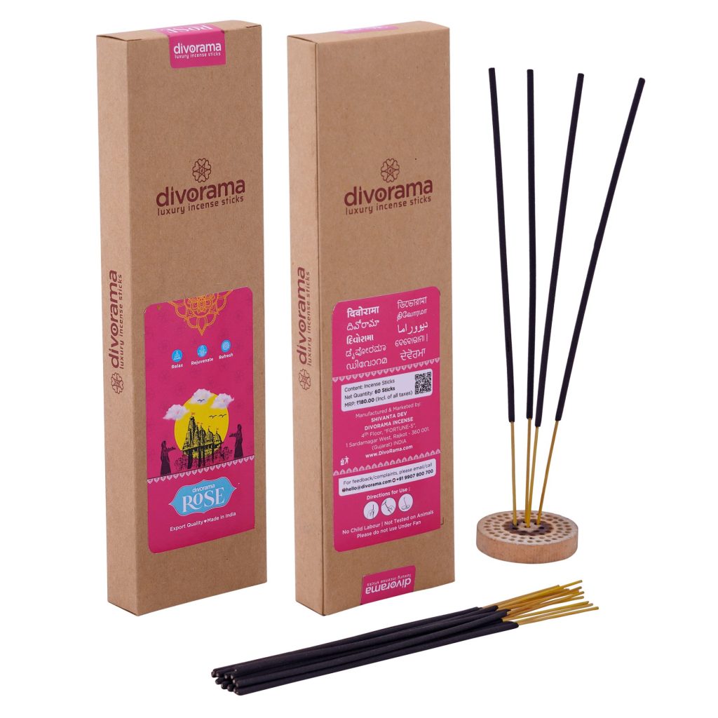 DivoRama Luxury Rose Incense Sticks Agarbatti - 100% Indian Natural Aroma - Long Lasting Gulab Agarbattis for Puja, Meditation, Happy Vibes - 60 Sticks