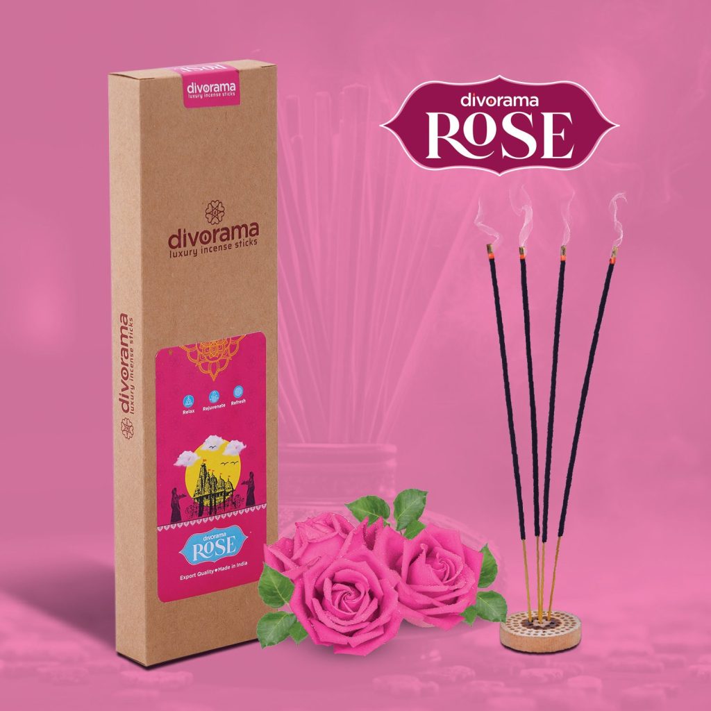 DivoRama Luxury Rose Incense Sticks Agarbatti - 100% Indian Natural Aroma - Long Lasting Gulab Agarbattis for Puja, Meditation, Happy Vibes - 60 Sticks