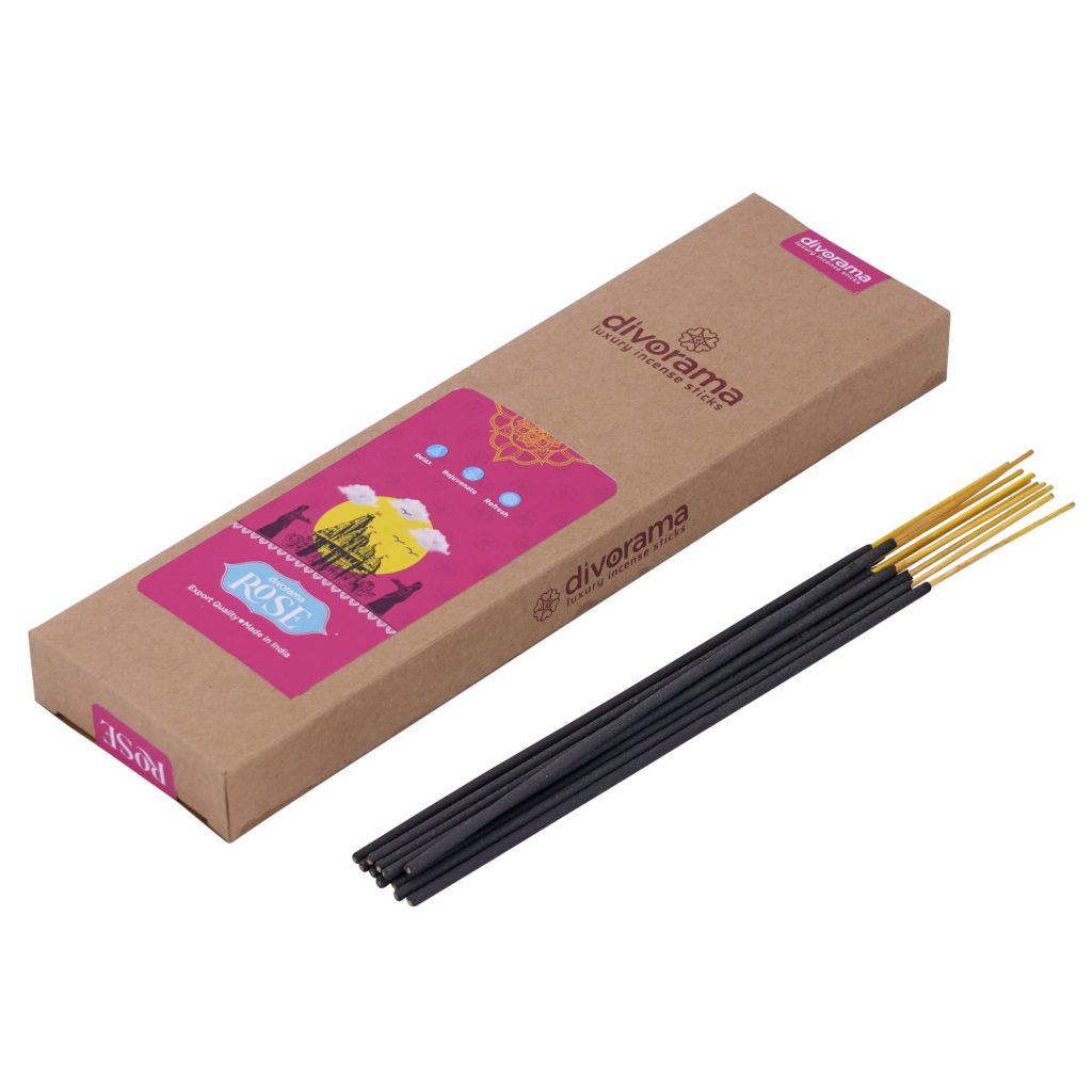 DivoRama Luxury Rose Incense Sticks Agarbatti - 100% Indian Natural Aroma - Long Lasting Gulab Agarbattis for Puja, Meditation, Happy Vibes - 60 Sticks