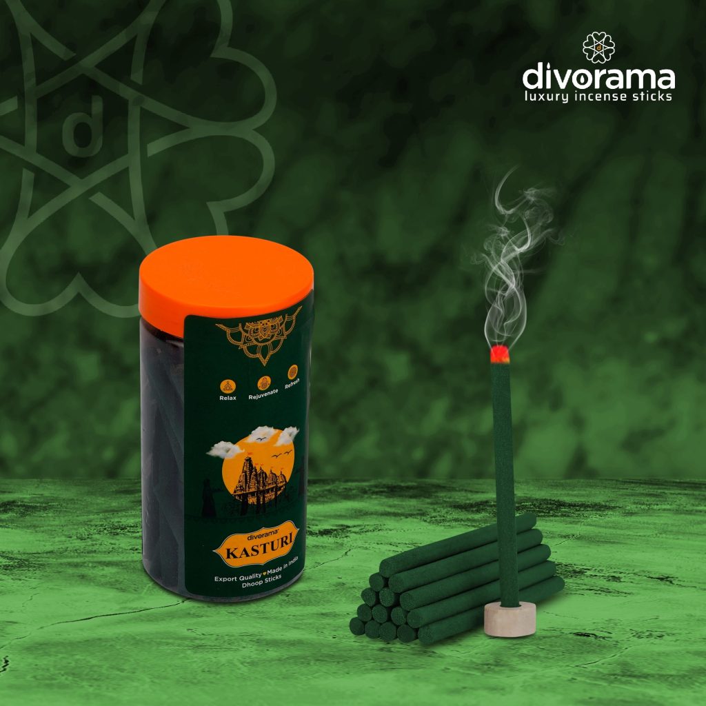 DivoRama Premium Kasturi Dhoop Sticks/Musk Dhup Batti - Long Lasting Musk Perfume for Home Fragrance/Meditation/Dhoop for Pooja with Free Dhoop Holder - Pack of 1 Jar x 100Gm