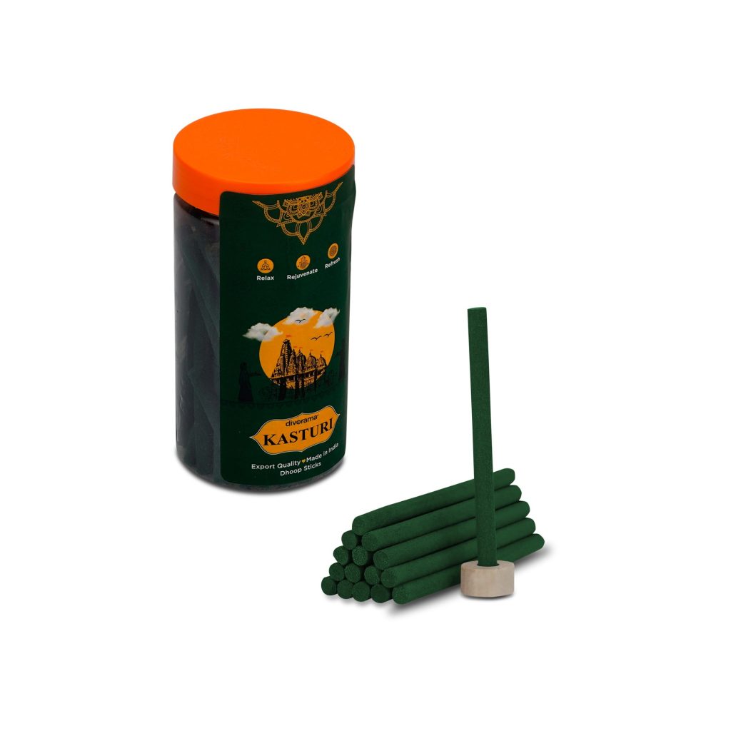 DivoRama Premium Kasturi Dhoop Sticks/Musk Dhup Batti - Long Lasting Musk Perfume for Home Fragrance/Meditation/Dhoop for Pooja with Free Dhoop Holder - Pack of 1 Jar x 100Gm