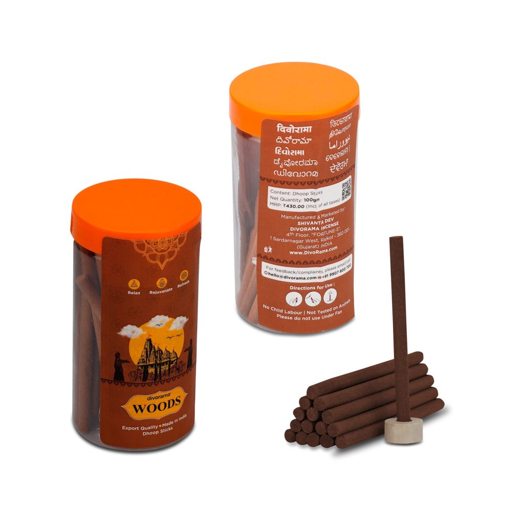 DivoRama Premium Woods Dhoop Sticks/Woody Dhup Batti - Long Lasting Nature Scent for Home Fragrance/Meditation/Dhoop for Pooja with Free Dhoop Holder - Pack of 1 Jar x 100Gm