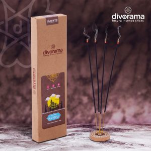 DivoRama Luxury Sandalwood Incense Sticks Agarbatti - 100% Indian Natural Aroma - Long Lasting Chandan/Sukhad Agarbattis for Puja, Meditation, Happy Vibes - 60 Sticks