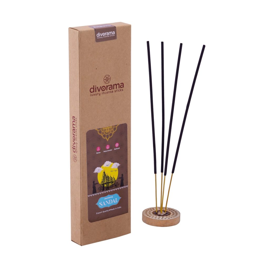 DivoRama Luxury Sandalwood Incense Sticks Agarbatti - 100% Indian Natural Aroma - Long Lasting Chandan/Sukhad Agarbattis for Puja, Meditation, Happy Vibes - 60 Sticks